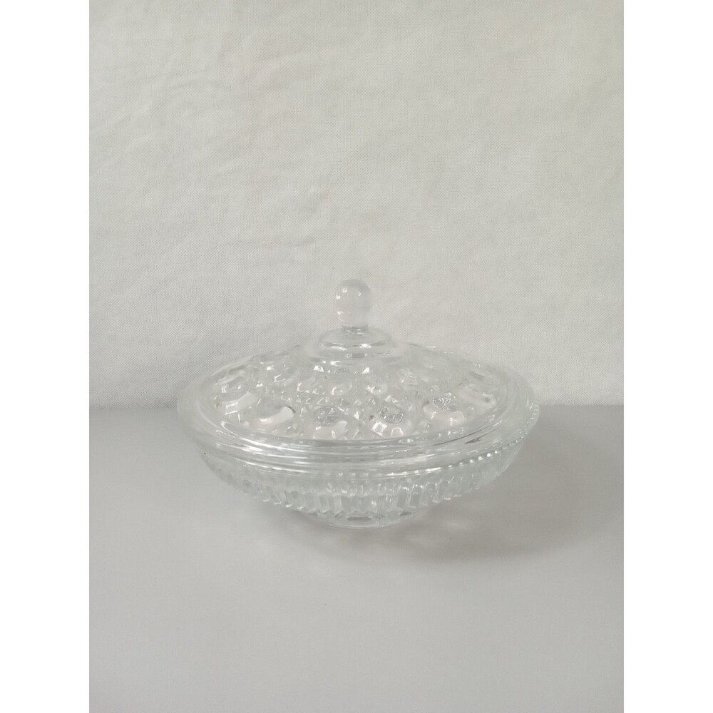 Vtg. Indiana Glass Clear Candy Dish With Lid Windsor‎ Button & Cane Covered 7.5"